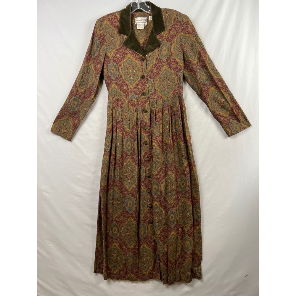 Vintage 90s Karin Stevens Maxi Dress Women 8 Paisley Velvet Collar Button Front